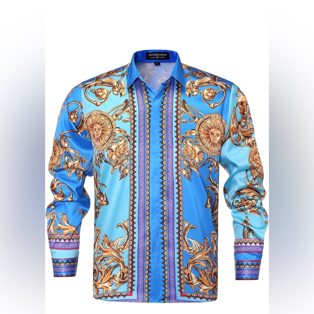 Mens Luxury Brand Printed Silk Like Satin Button Down Dress Shirt for Party Prom